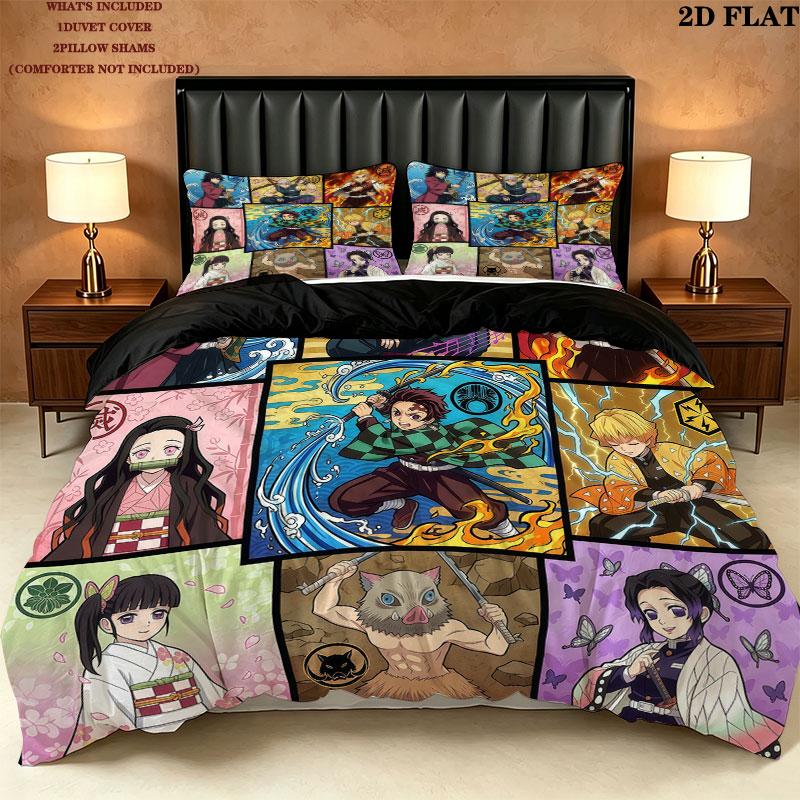 Demon Slayer Kimetsu No Yaiba Pattern Bedding Quilt Set Quilt Cover Pillowcase Home Birthday Gift(1 * Duvet Cover + 2 * Pillowcase, Without Core)