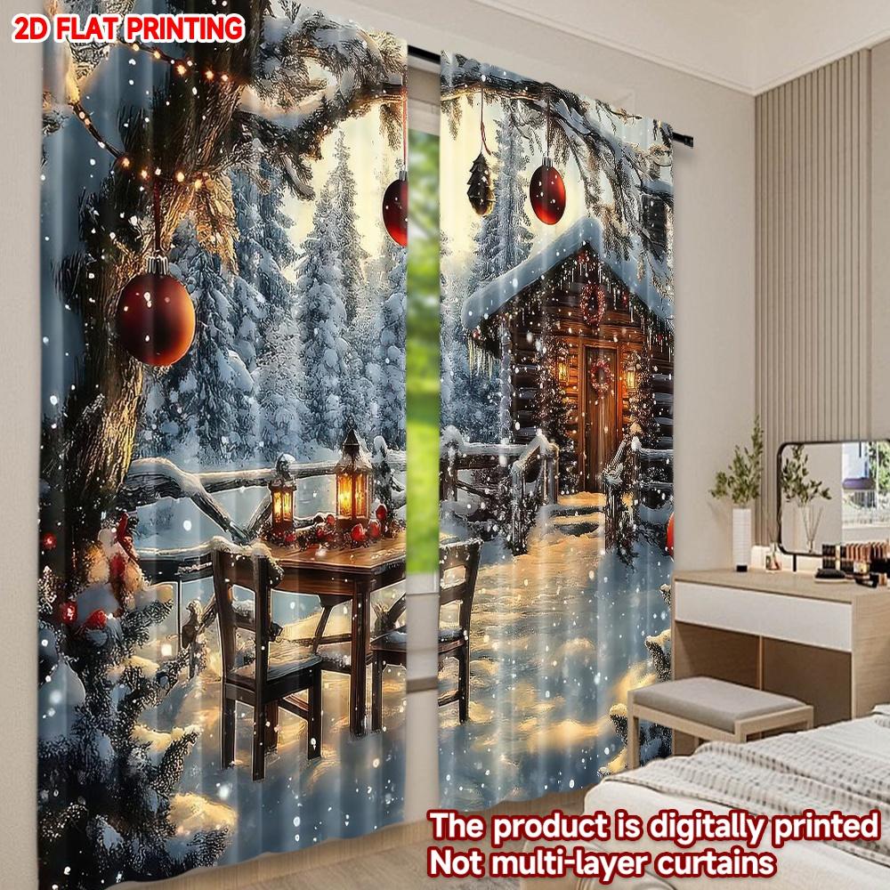 Flat Printing Christmas Hot Curtains Snowy Cabin Scene Digital Printed Polyester Drapes Birthday Party Perfect Curtain Set Of 2 Made Washable