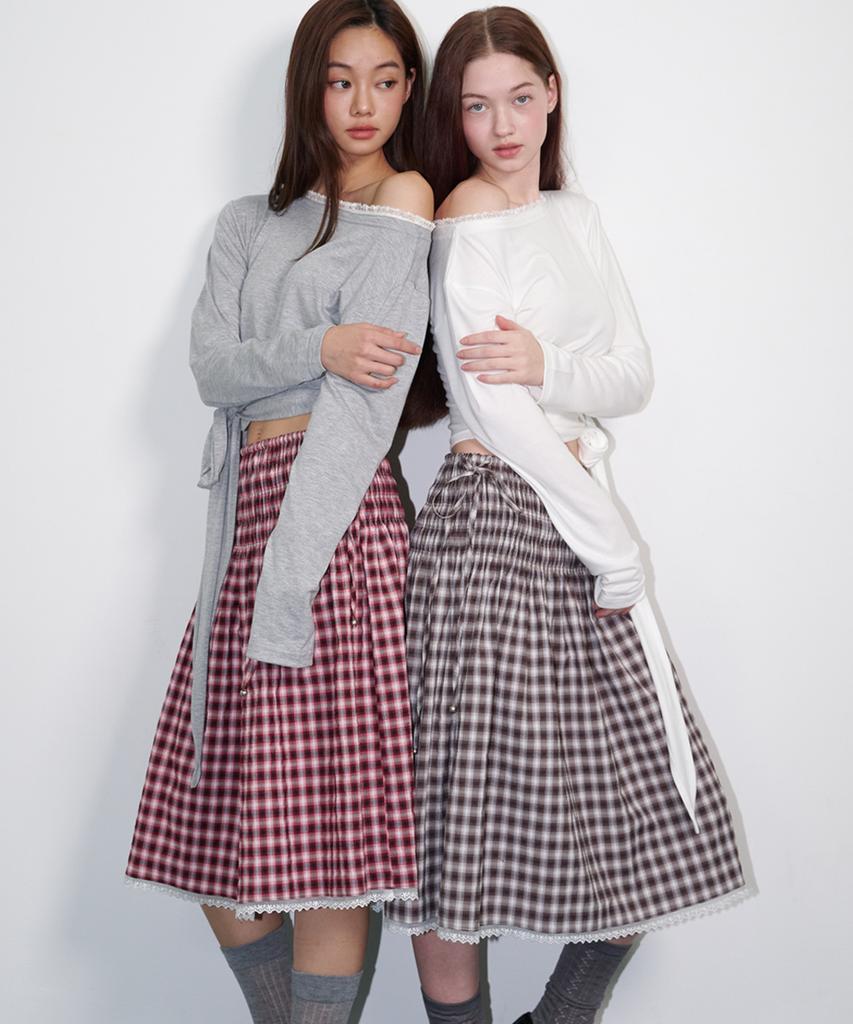 Opening Sunshine Check Smoke Lace Pleated Skirt Brown