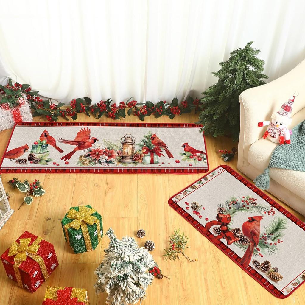Christmas Kitchen Mat Household Kitchen Water-Absorbing And Dirt-Resistant Long Strip Two-Piece Set Foot Mat Decorative Floor Mat