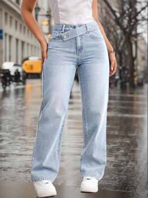 Blue Women's Casual Washed Overlap Waist Loose Straight Leg Jeans