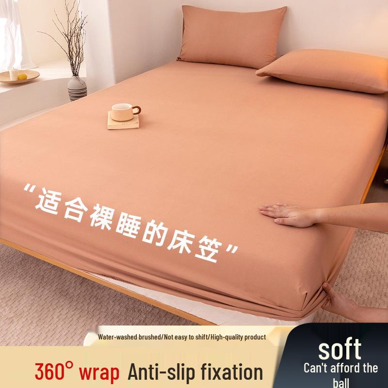 High-Quality Washed Cotton Solid Color Fitted Sheet with Pillowcase, Bedspread, and Dustproof Bed Cover