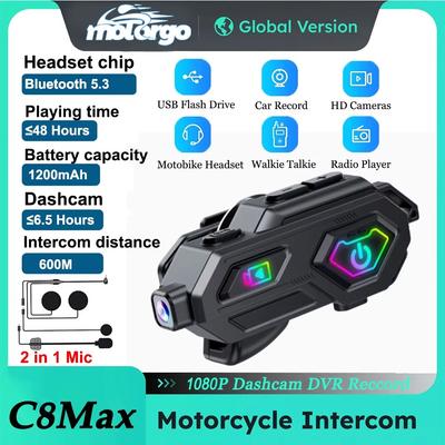 IPX6 Motorcycle Bluetooth 5.3 Intercom 1080P Dashcam 120° Camera 50H Battery