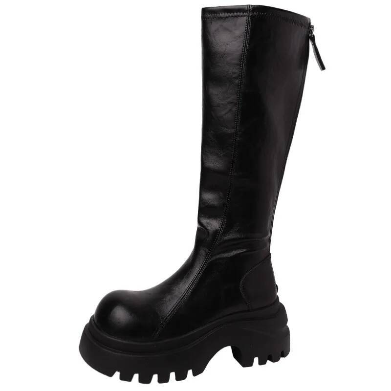 Leather Boots Women'S Stylish Camel Tone Boots Autumn Winter Retro Versatile Round Toe Thick Soled Slip On Knee High Boots