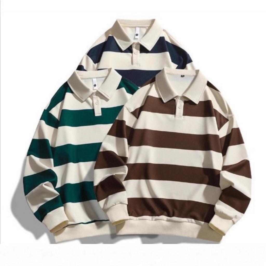 Spring Autumn New Fashion Loose Striped Pique Polo Shirt for Men Women, Trendy Hong Kong Style Streetwear