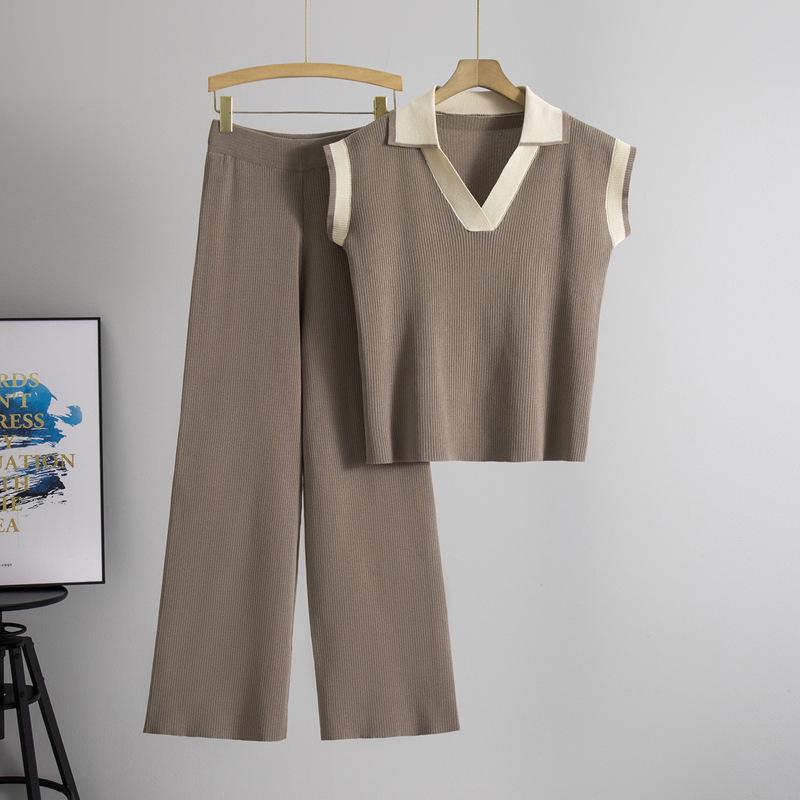Women's Summer 2026 Polo Collar Knit Top and Pants Set - Loose, Slimming Casual Fashion Two-Piece.