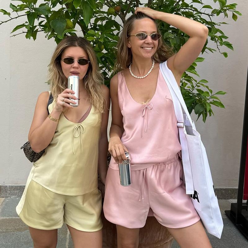 2 Piece Sets Shorts Outfits Women Satin Casual Tracksuits Summer V Neck Tops And Short Sets Sleeveless Drawstring Suits