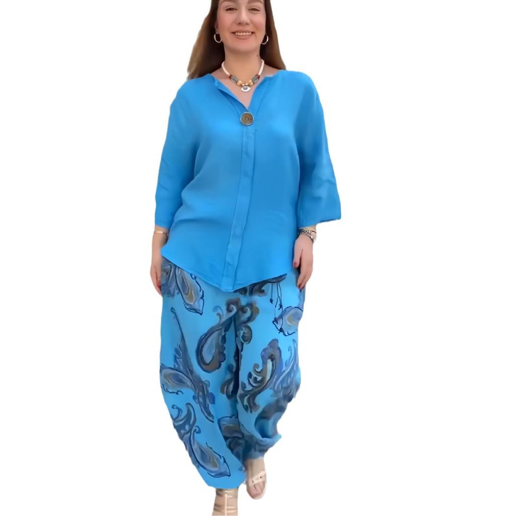 2024 Fashion Women's Cotton Linen Two-Piece Set: Loose Long Sleeve Top & Casual Print Pants