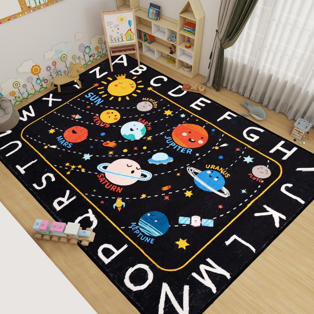 Outer Space Kids Rug,59"X39.4" ABC Alphabet Educational Kids Rugs for Playroom,Non Slip Solar System Galaxy Planets Playroom Rug,Washable Ki