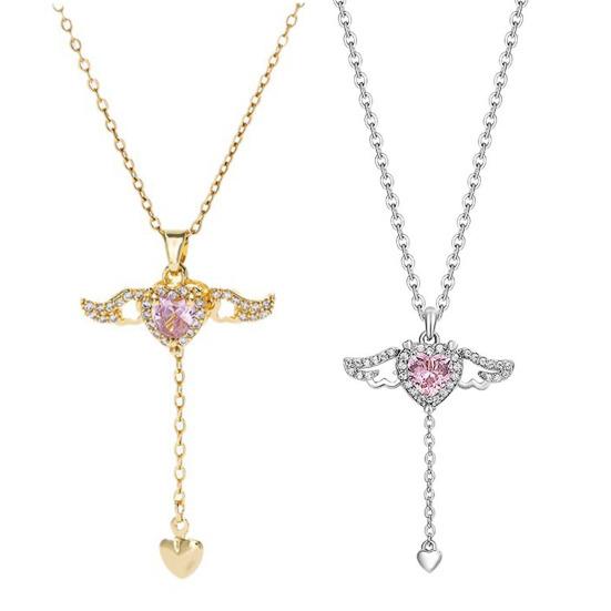 Yousheng Choker Necklace Alloy Sparkling Rhinestones Angel Heart Pendant Necklace Adjustable Length Necklace Jewelry Gift