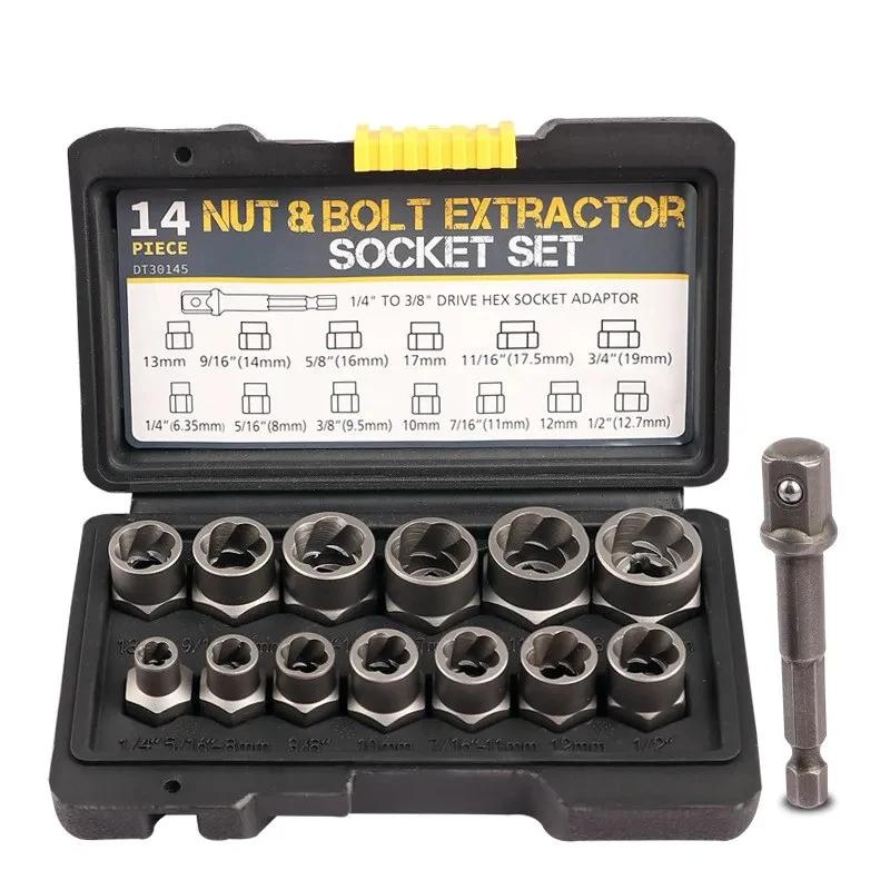 

14Pcs Impact Bolt&Nut Extractor Set Damaged Bolt Remover Kit with Sturdy Storage Box for Industrial Work