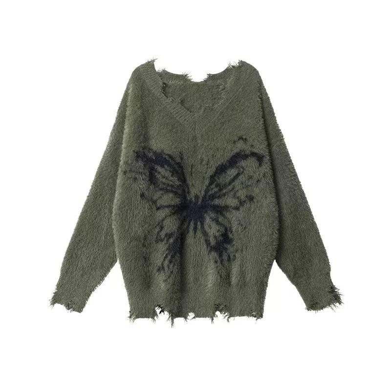 

Гранж Бабочка Принт Вязаный свитер Женский Готический Гот Харадзюку Панк С Открытыми Плечами Пуловеры Осень One Size зелёный