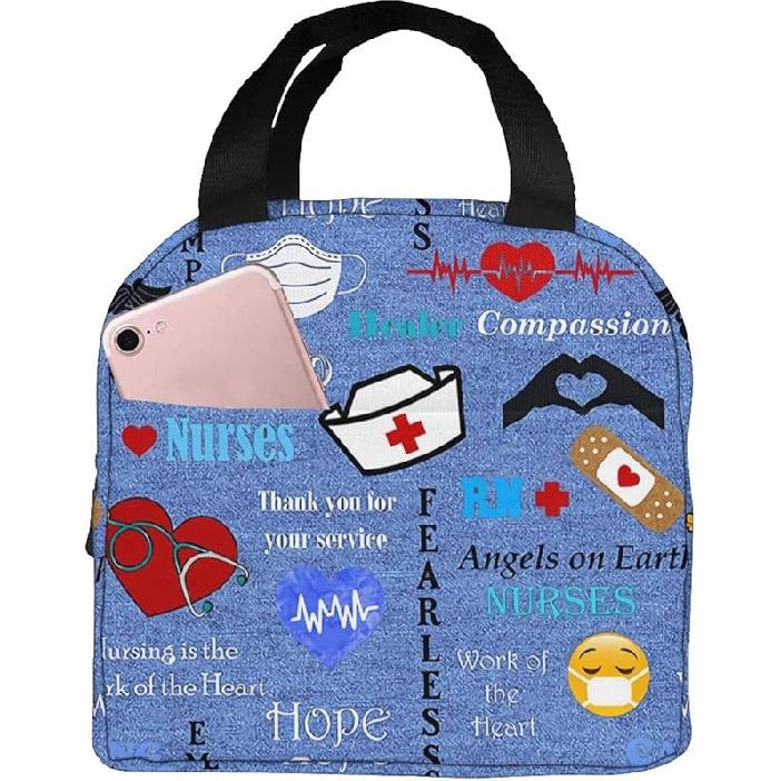 Nurse Theme Lunch Bag for Women Insulated Tote Bag Reusable Cooler Lunch Box for Work Picnic Travel, One Size
