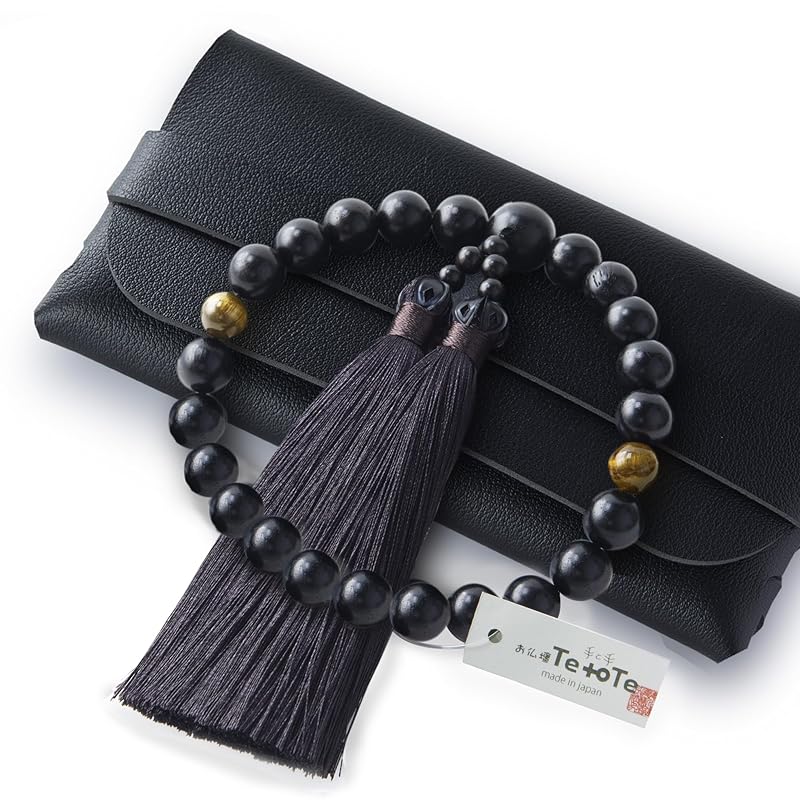 

[Butsudan.Te to Te Hand to hand] Made in Japan 22 genuine ebony beads velvet silk tassel tiger eye stone for men Comes with a perfect PU leather