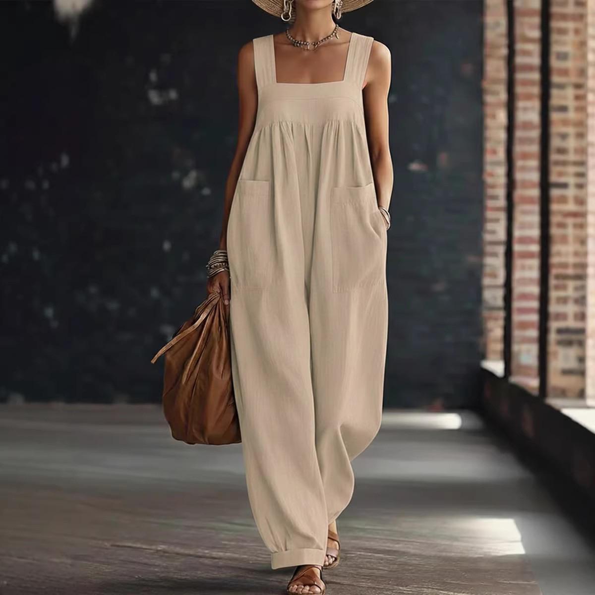 2026 European Spring/Summer Casual Women s Jumpsuit with Pockets - Comfortable, Loose, Solid Color & Strappy Design XL абрикосовый