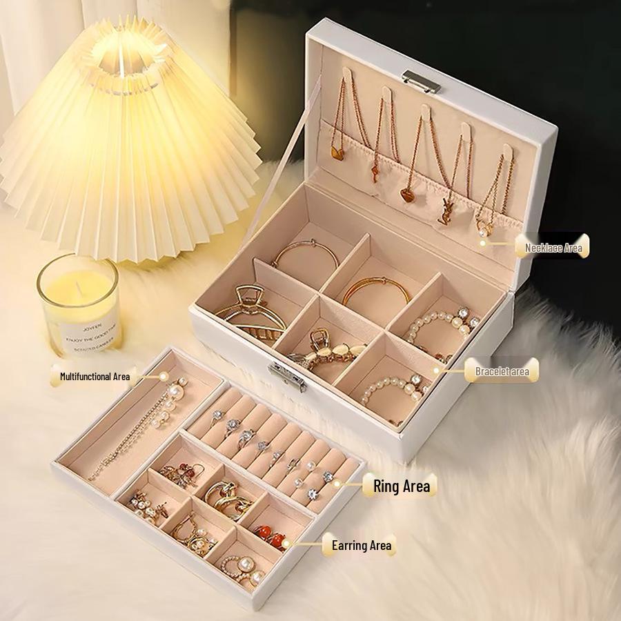 Double Layer Leather Jewelry Box with Lock - Large Capacity for Rings, Necklaces, Bracelets, and Earrings
