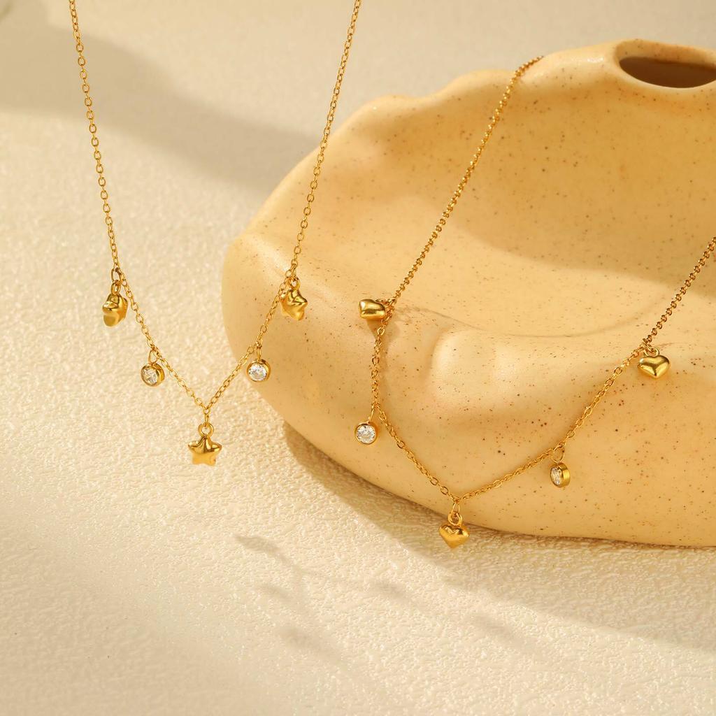Heart Star Necklace for Women, Cubic Zirconia Stone Charms Necklace Adjustable, Stainless Steel Fashion Jewelry