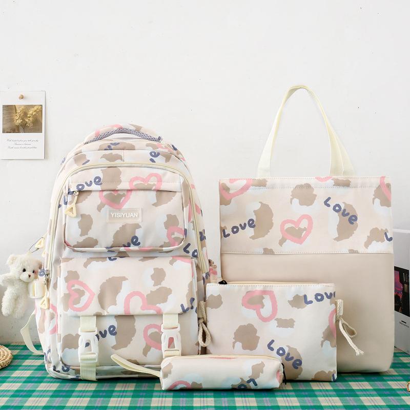 School bag girl love backpack large capacity junior high school campus school bag girl cute casual four-piece backpack