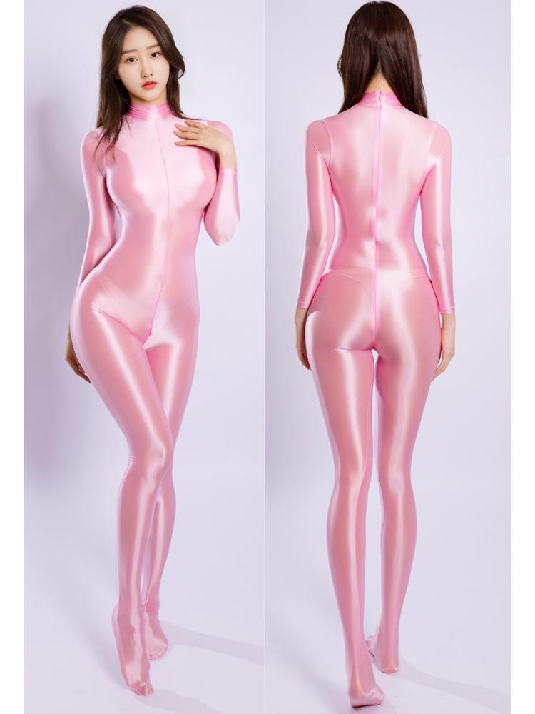 M XL Glänzend Nylon Catsuit Bodystocking Reißverschluss Offener Schritt Bodysuit Strumpfhose Leotard Einteiler Jumpsuit Fitness Body