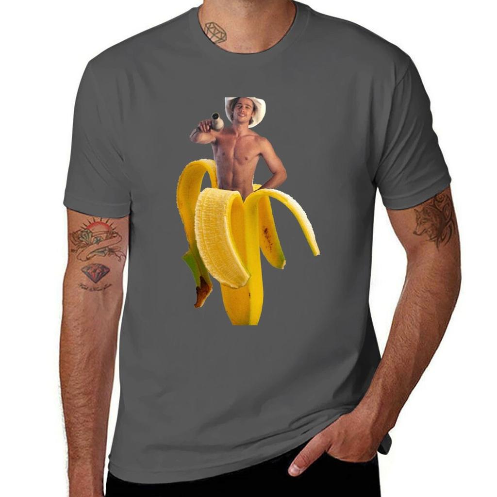 Brad Pitt Wearing Cowboy Hat In A Banana Tshirt Breathable Lightweight Summer Top