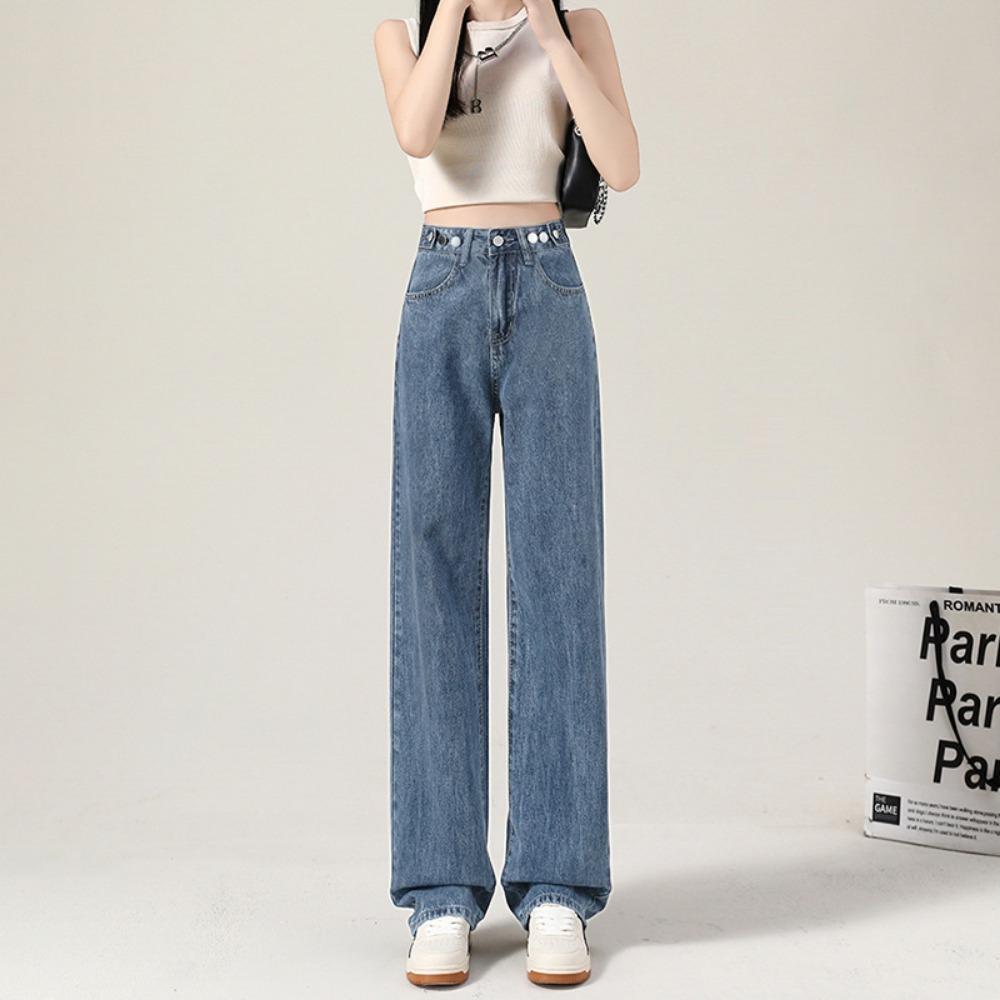 Autumn and Winter Denim Wide-leg Pants Women's High Waist Adjustable Loose and Thin New Design Straight Mopping Pants