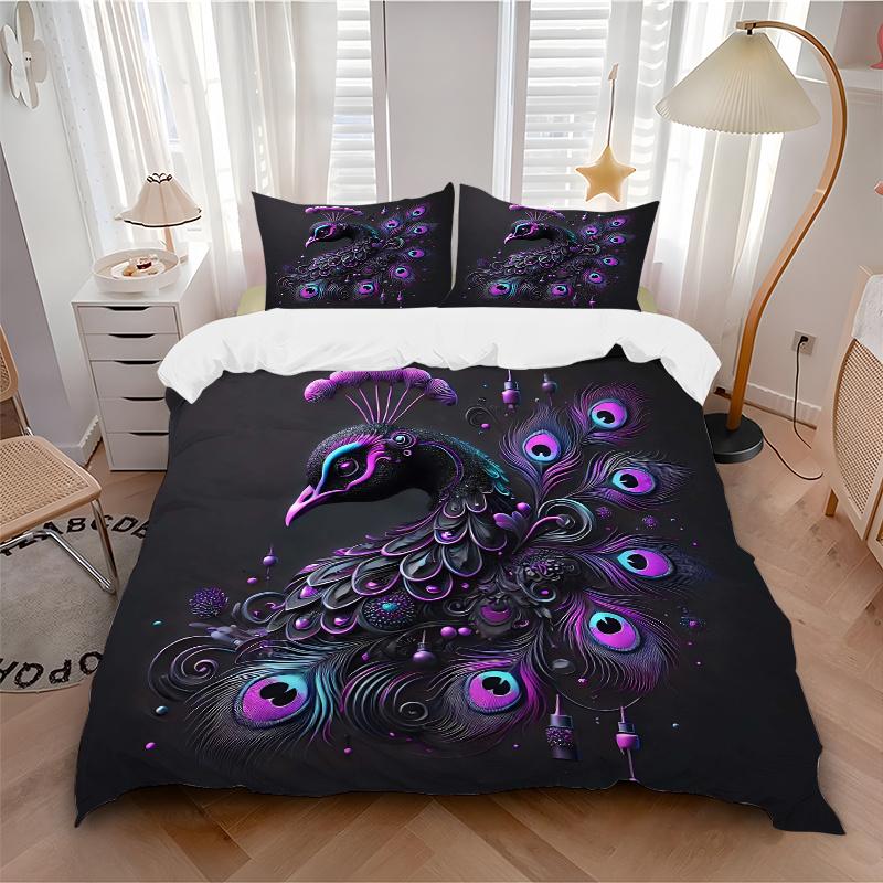 3pcs Enchanted Peacock Printed Duvet Cover Set (1 * Cover+2 * Pillowcase, Without Core), Suitable for Home Bedroom, Guest Room, Dormitory Decorat