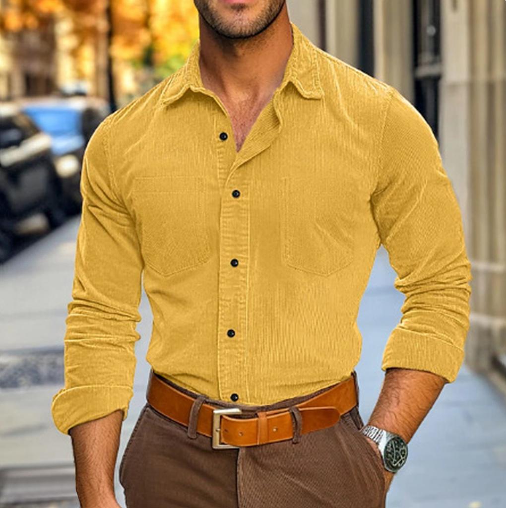 Men Corduroy Long Sleeve Shirt with Button Down Front and Dual Chest Pockets Casual Fit Classic Collar Design