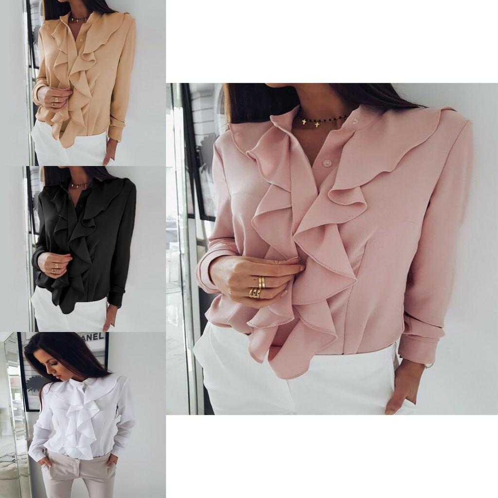 Elegant Womens Ruffle Summer Long Sleeve Solid Plain Blouse Shirt For Office Wear