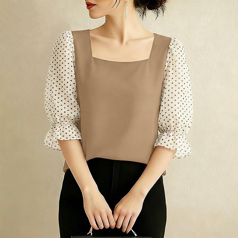 ZANZEA Women Square Collar Polka Dot Print Splice 3/4 Sleeve Elegant Blouse