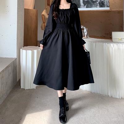 Vestido preto vintage feminino, elegante, francês, gola quadrada, manga comprida, midi, outono, roupas retrô, chique, coreano