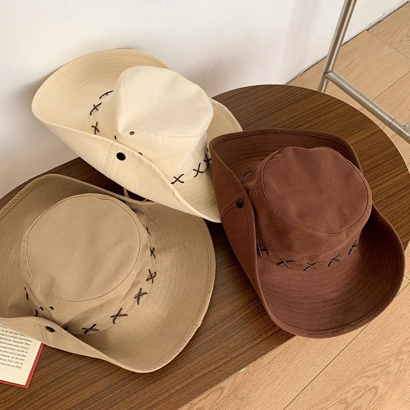 Summer Western Cowboy Hat Women Men Large Brim Fisherman Hat Outdoor Camping Hiking Fishing Sunshade Panama Cap