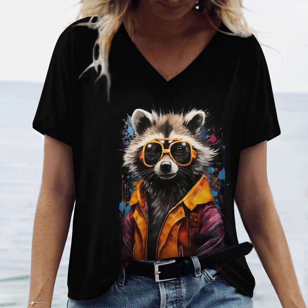 

Модные женские футболки с 3D принтом кота, повседневные топы с v-образным вырезом и короткими рукавами, свободные футболки с забавным 3D рисунком животных, летняя женская одежда 2XL