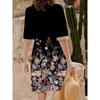 YYFS Women's Fashion Summer Spring Flower Pattern Print 1/2 Sleeves V-Neck Loose Waistline Casual Dresses
