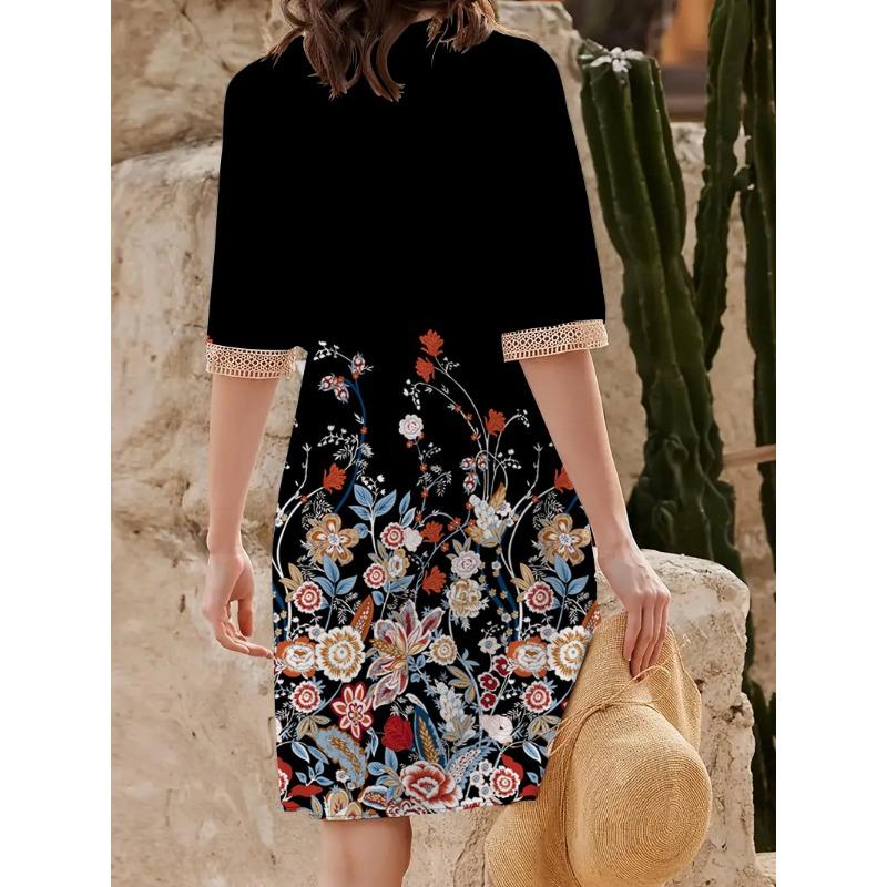 YYFS Women's Fashion Summer Spring Flower Pattern Print 1/2 Sleeves V-Neck Loose Waistline Casual Dresses