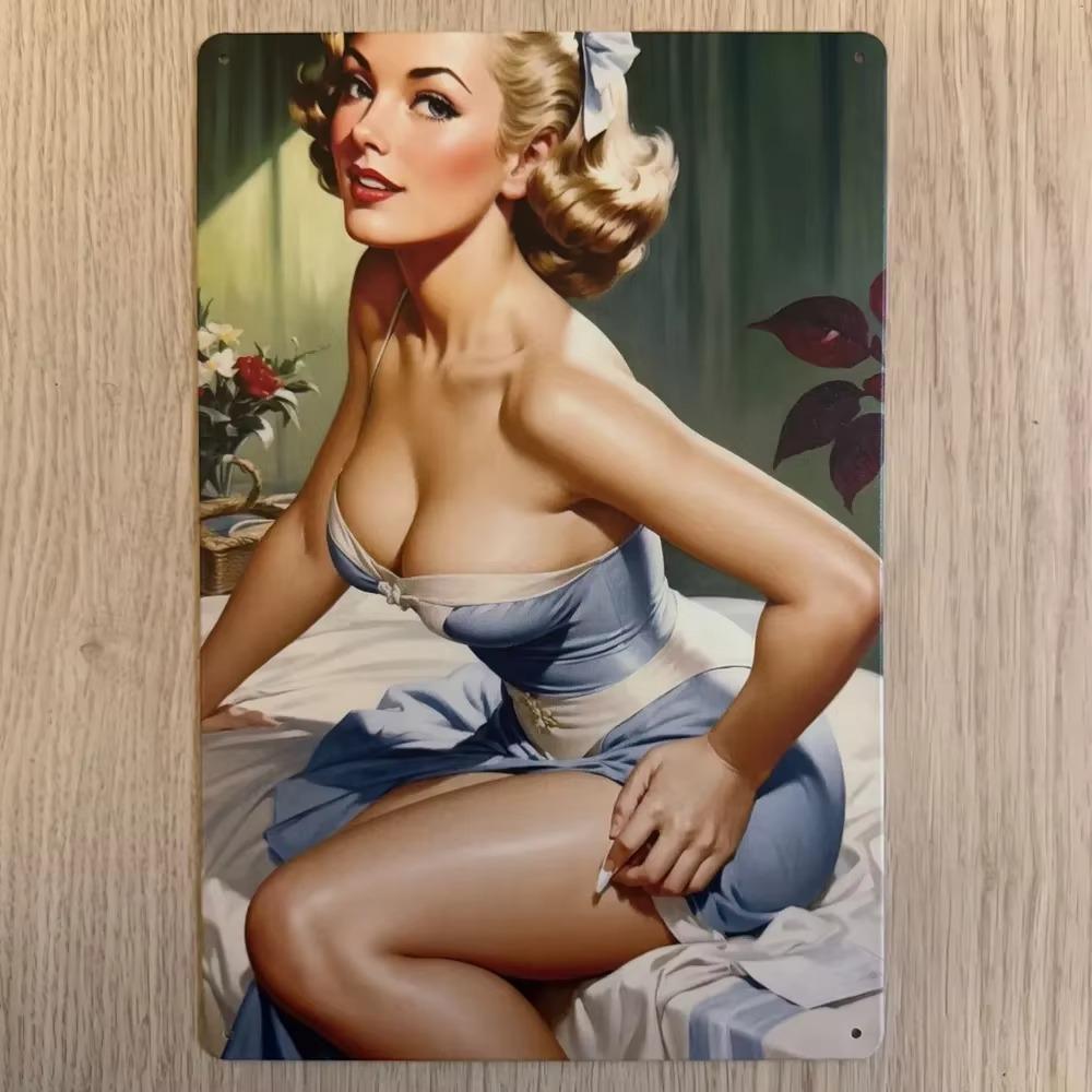 Retro Nautical Wall Art Pre Drilled Metal Bathing Beauty Sign