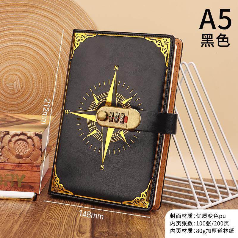 Code Book Retro Lock A5 Thick Notebook Imitation Leather Cover Compass Logo Wired Glue Binding Student Writing Diary Support
