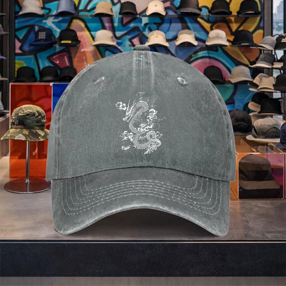Dragon Graphic Washed Cotton Baseball Cap Adjustable Distressed Retro Outdoor Unisex Cap