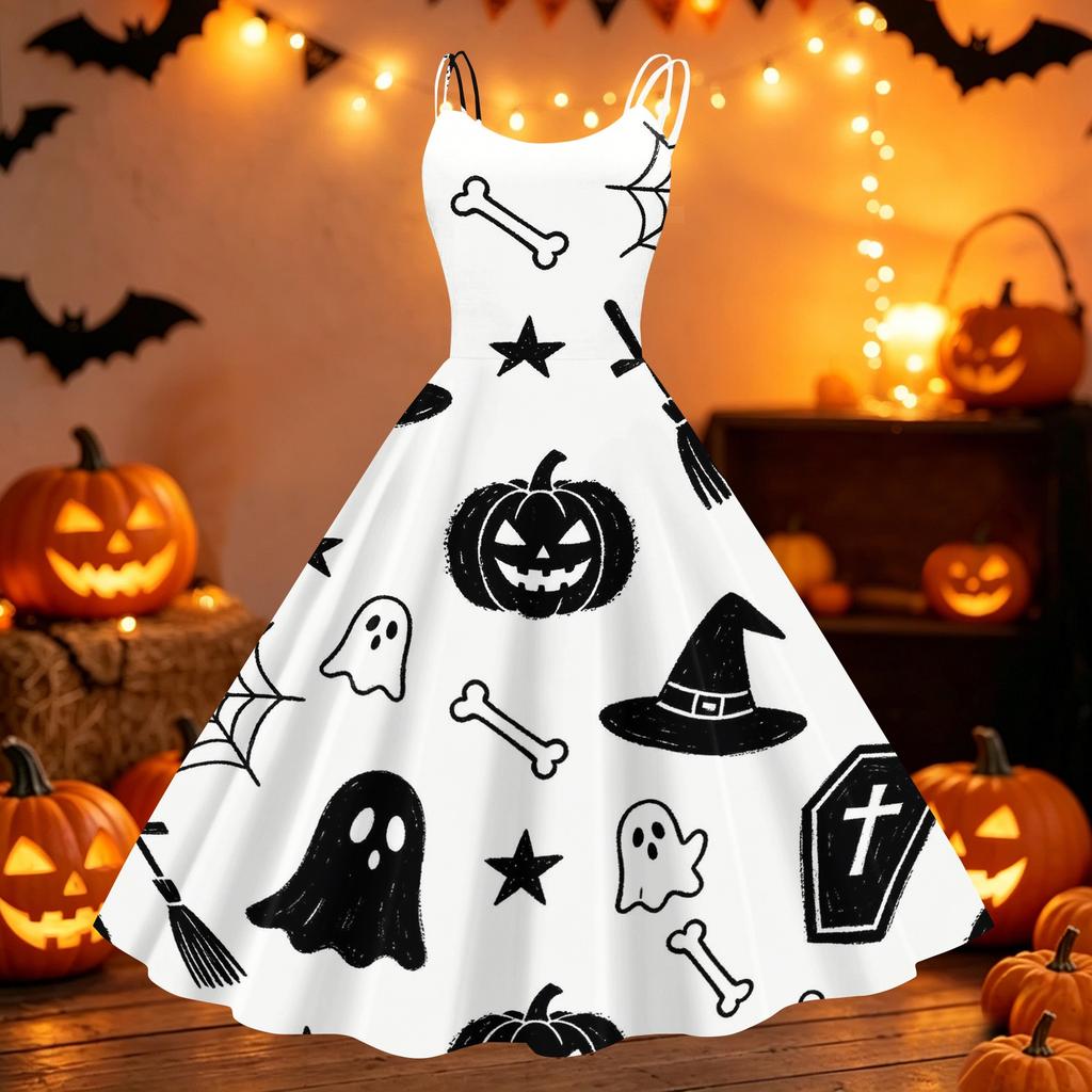 Women Halloween Printed Off Shoulder Vintage Punk Dress Sleeveless Swing Dress Party Dress with Adjustable Straps