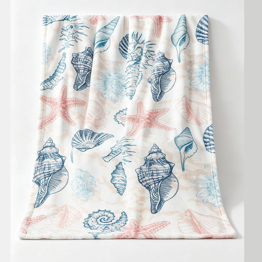 Coastal Starfish Seashell Coral Flannel Throw Blanket, Blue Ocean Nautical Print Soft Warm Lightweight Blanket for Sofa Bed Beach Home Decor Gift