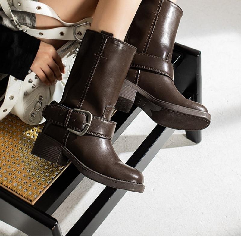 Trainee Blogger Vintage Belt Buckle Coarse Heel Black Medium Boots Women's Autumn Martin Boots Western Cowboy Boots