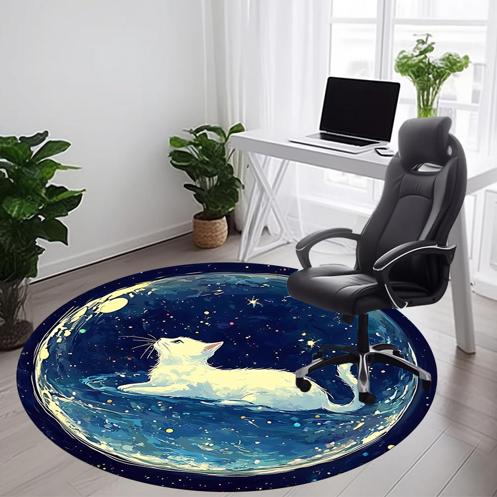 1PC Galaxy Cat Office Round Area Rug, Mat Suitable For Office, Under Office Chairs Bedroom Living Room Home Decor, Room Deco