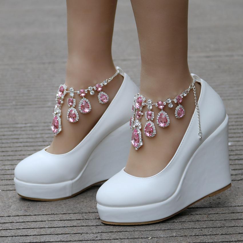 Ankle Strap Wedges Pumps Large Size Bridal Women Rhinestone Platform Shoes Mary Jane High Heels