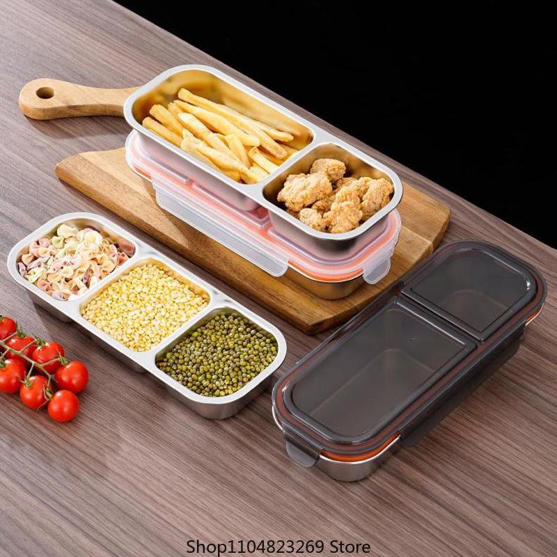 

Многоразовая коробка для приправ с крышкой, контейнер для закусок из нержавеющей стали, 3 отсека для соусов, контейнер для хранения продуктов с перегородками