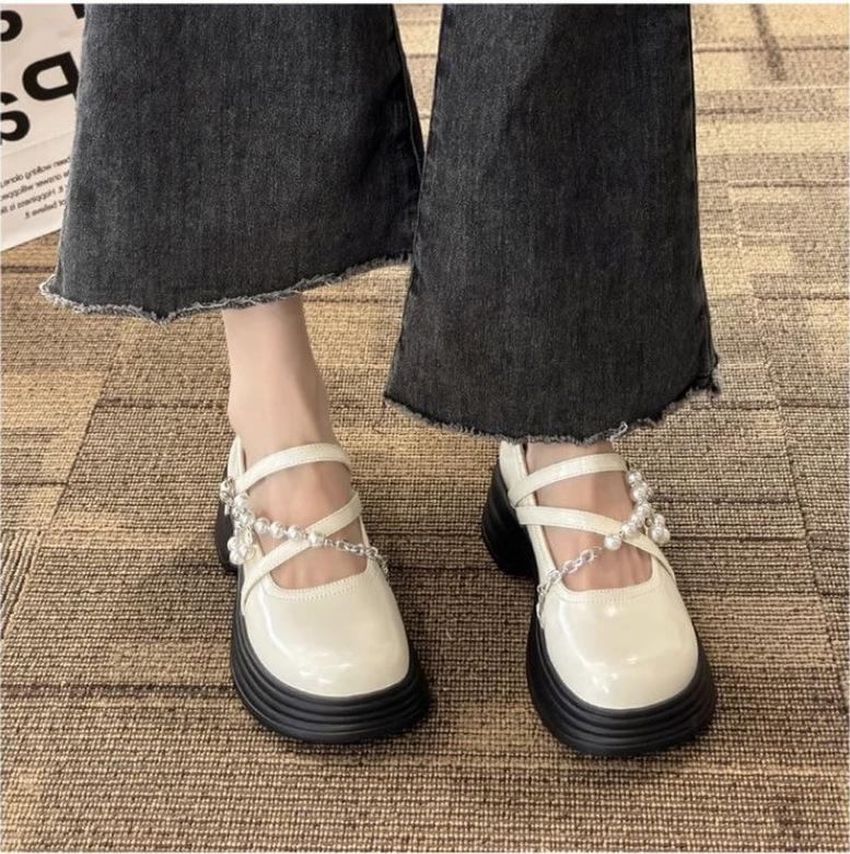 Thick Soled Mary Jane Shoes for Women 2024 New Sweet Buckle Loafers Pearl Chain Round Toe Platform Dress Lolita Shoes Pumps