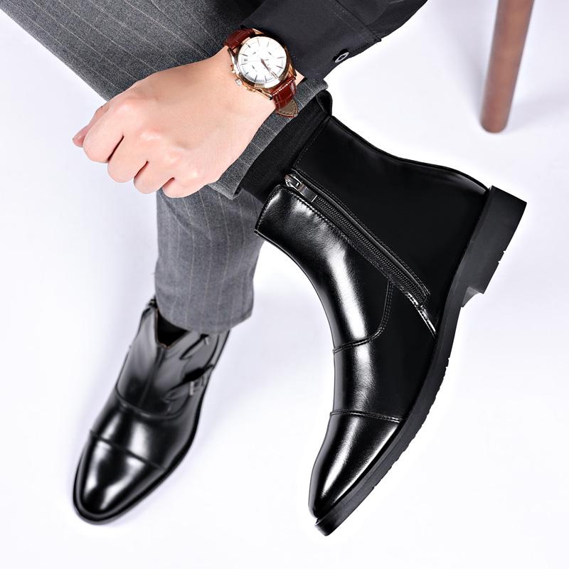Fashion Men Short Boots Double Buckle Men's Ankle Boot Side Zipper Black Brown Business Pu Leather Size 38-46  Mens Boots