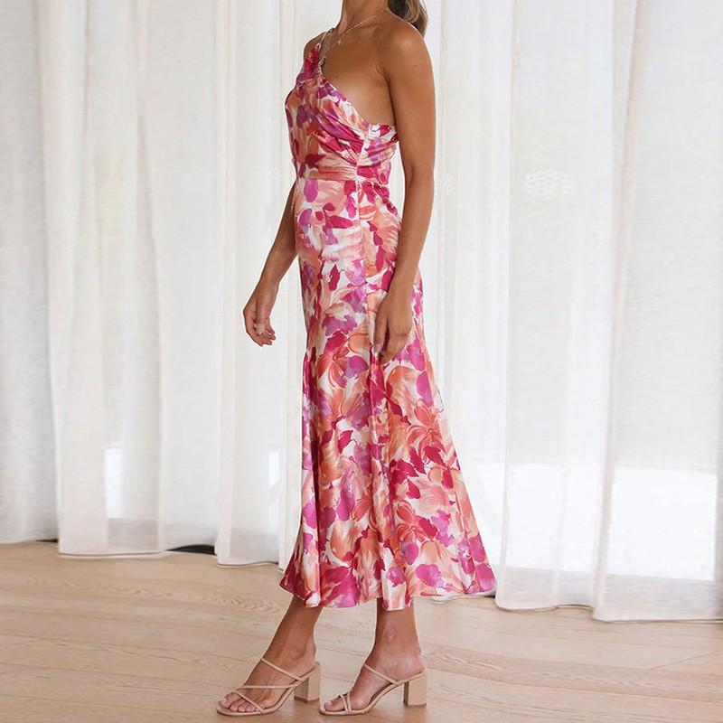 2026 Floral Print Asymmetrical Neckline Sleeveless Wrap-Style Maxi Dress Women High-Waisted Fit Elegant Office Casual