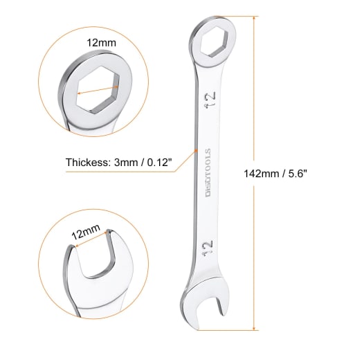 uxcell Combination Spanner, Ratchet Wrench, Thin Type, Metric, 12mm, CR-V Chrome Plated Steel, 6-Point Box End, 15 Offset, Open End, Silver
