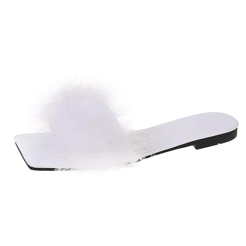 Lucyever Blue Summer Flat Fur Slipper Women 2025 Soft Bottom Non Slip Slides Shoes Woman Fashion Square Toe Fluffy Slippers