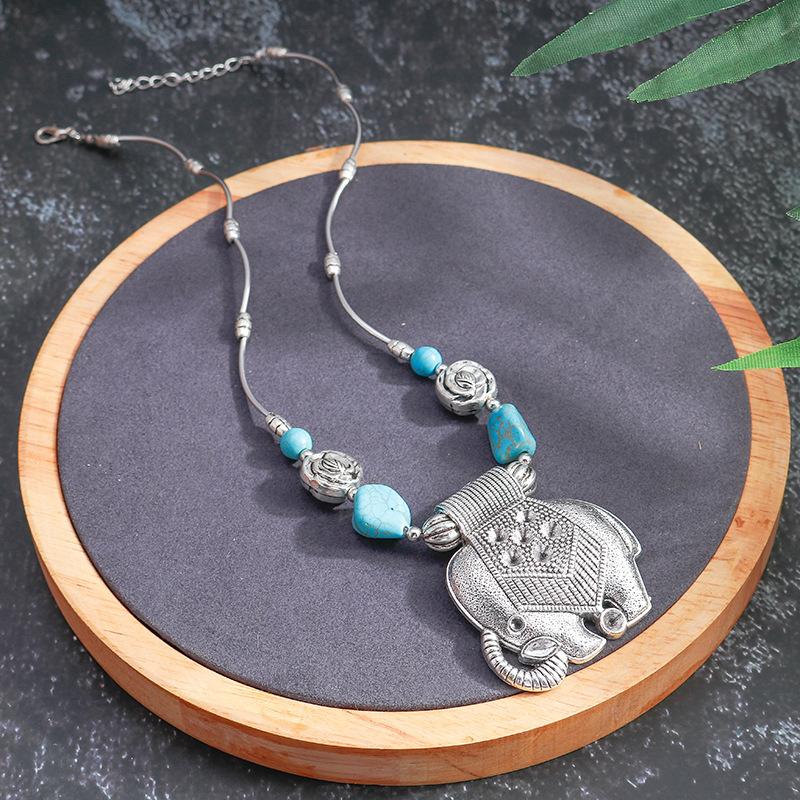 Cartoon Animal Elephant Pendant Retro Ethnic Style Turquoise Clavicle Necklace