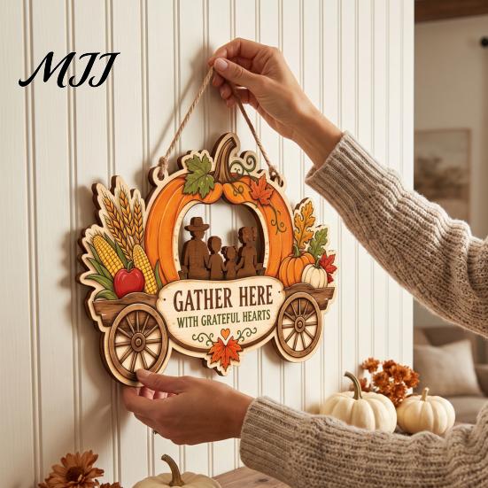 Harvest Theme Home Decoration Thanksgiving Front Door Hanging Sign, Pumpkin Turkey Pattern Hanger, Autumn Indoor Outdoor Holiday Sign Wall Ornament